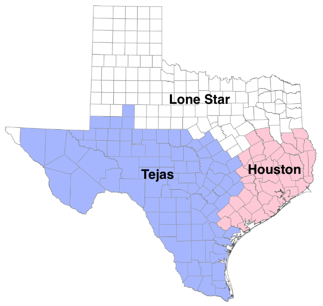 Texas counties map highlighted by chapter